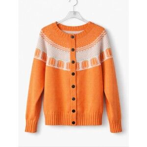 Autumn Orange Fair Isle Retro Geometric Pumpkin Print Cozy Knit Cardigan Sweater